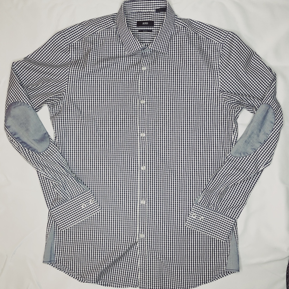 HUGO BOSS Plaid Elbow Patch Button Down Shirt,16.5